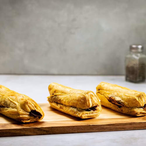 Rollo de carne tipo churrasco | Pastelería Ciro Guatemala | Masa de hojaldre crujiente y mantecosa que envuelve un relleno de carne asada sazonada al estilo churrasco, con especias que evocan el fuego lento y los aromas del asador. Una pieza salada con personalidad y sabor intenso.